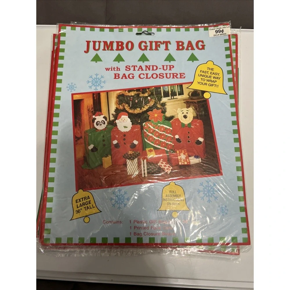 4-Vintage 1990s Jumbo Gift Bag With Santa Panda Poinsettia‎ Christmas 28x36 NOS
